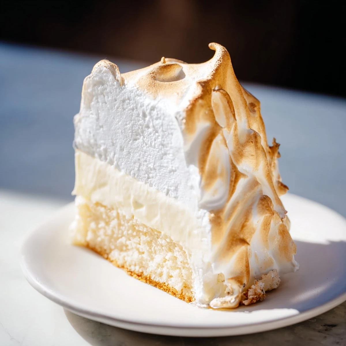 Golden-brown Baked Alaska Slice offering a delightful contrast of textures and flavors on a plate.