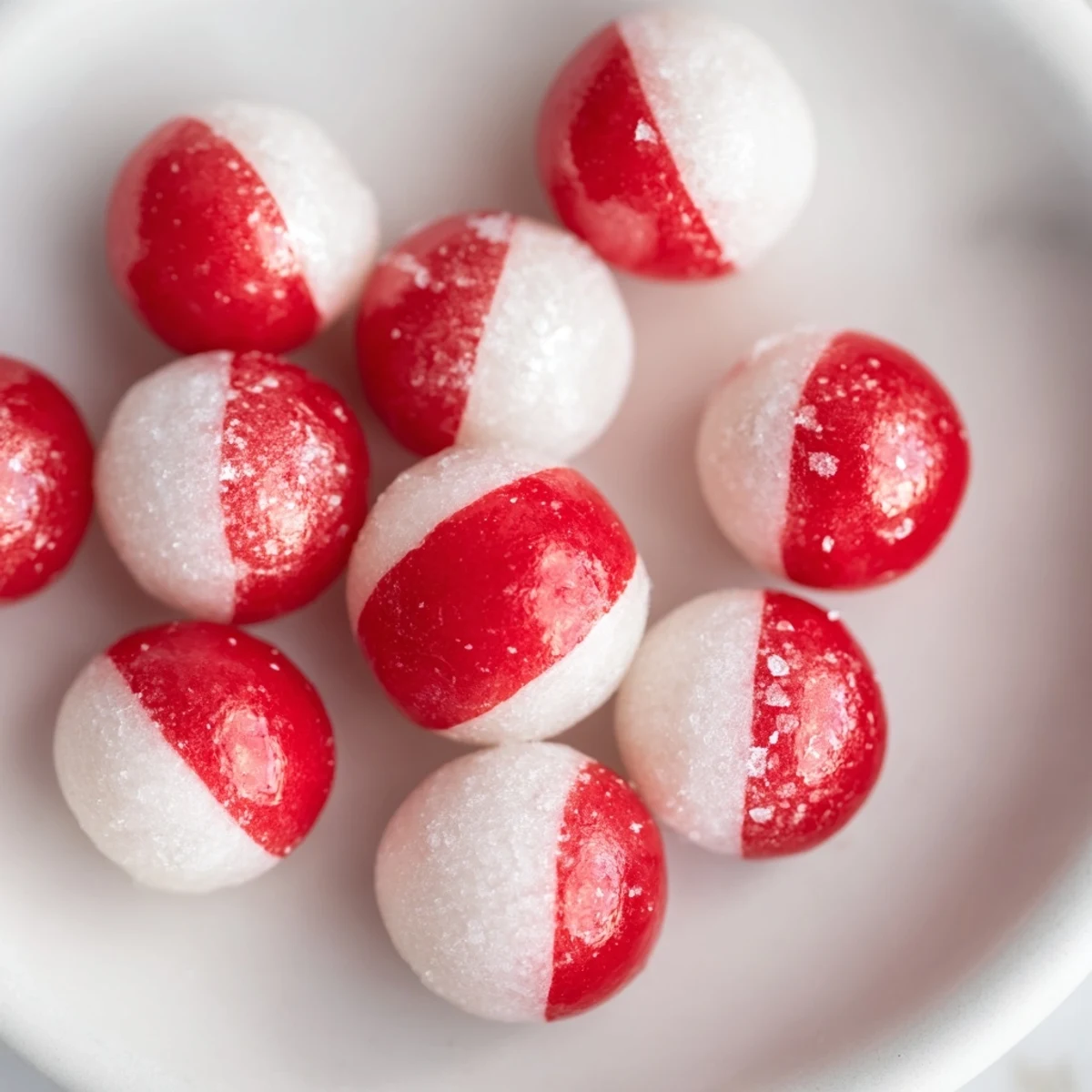Bright red and white swirled Peppermint Drop Candy, showing perfect hard candy texture and inviting aromas.