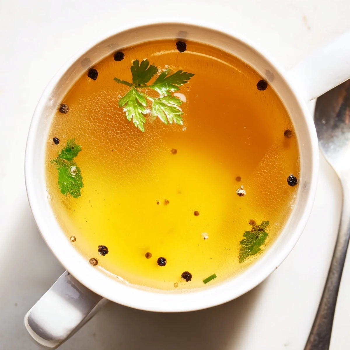 Steaming cup of beef broth, perfect as a warm and flavorful starter on a chilly evening.