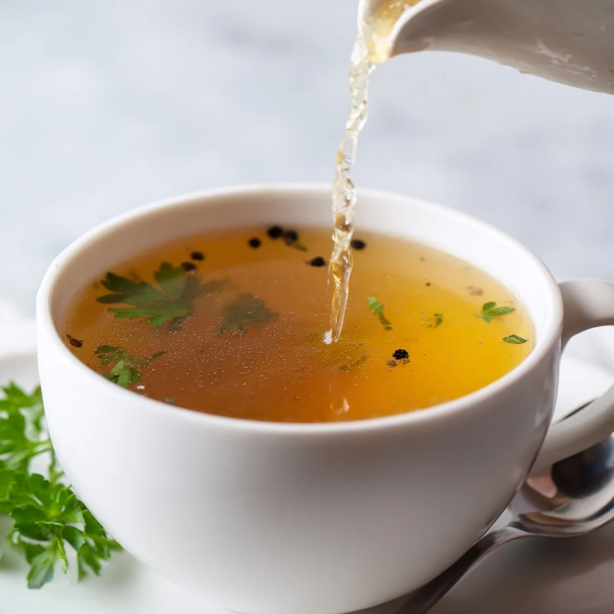 Homemade beef broth in a clear cup, its savory aroma promising a delightful, comforting sip.