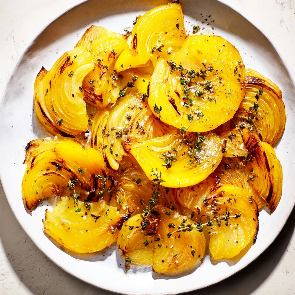 The savory aroma of slow-roasted onion slices, cooked to perfection and beautifully caramelized.