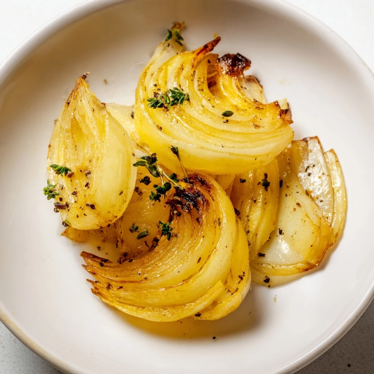 Golden-brown roasted onion slices, tender and caramelized, ready to elevate any meal as a side.