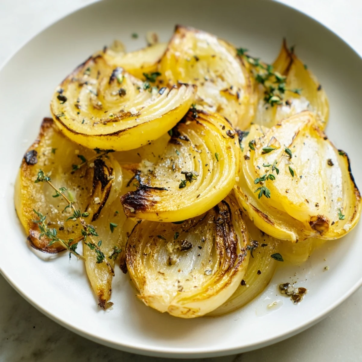 Delicious vegan roasted onion slices, featuring tender rings with a sprinkle of fresh parsley garnish.