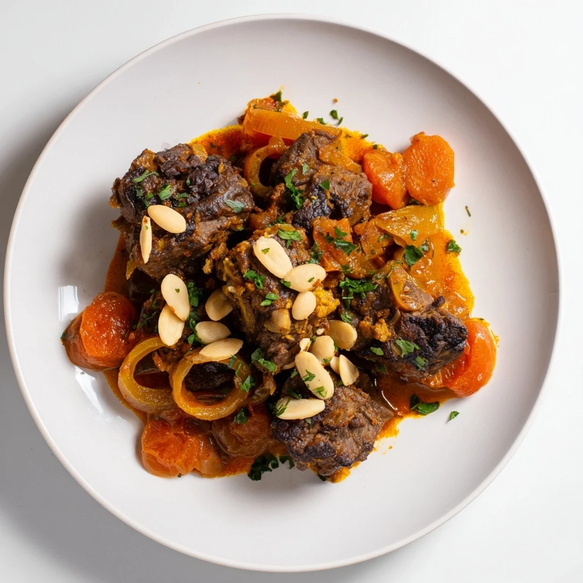 Steaming Moroccan lamb tagine with tender lamb, sweet apricots, and warm spices, inviting a comforting dinner.