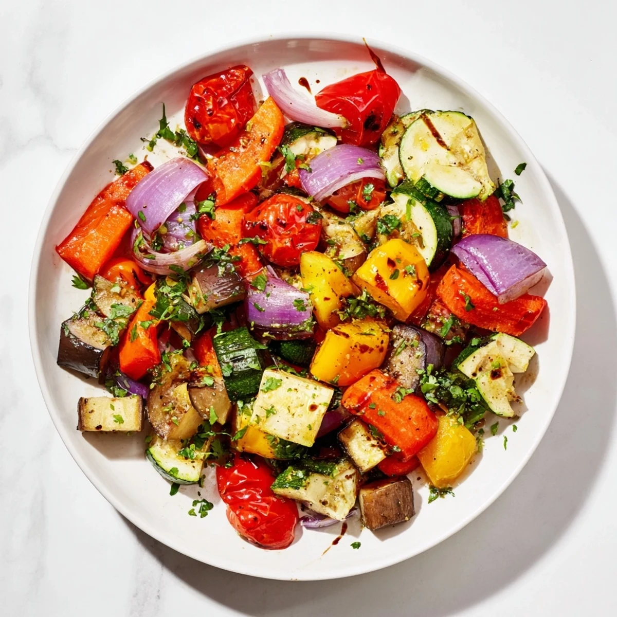 Close-up of a flavorful roasted vegetable medley, displaying the lightly caramelized edges.