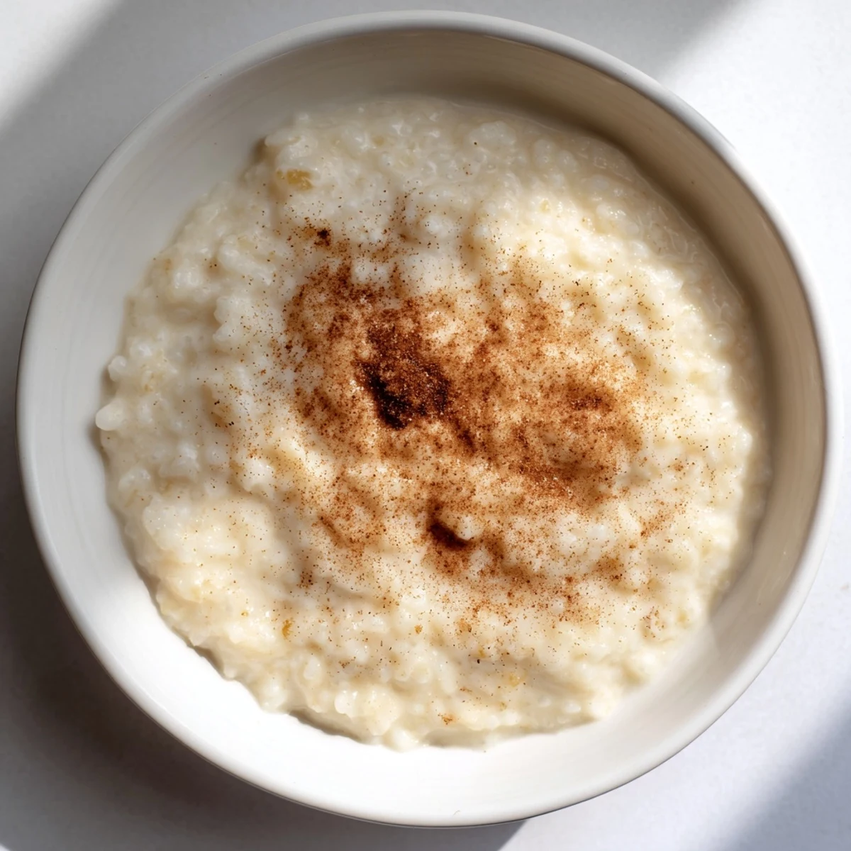 Warm, creamy rice pudding with cinnamon, served in a bowl, perfect for a cozy dessert.