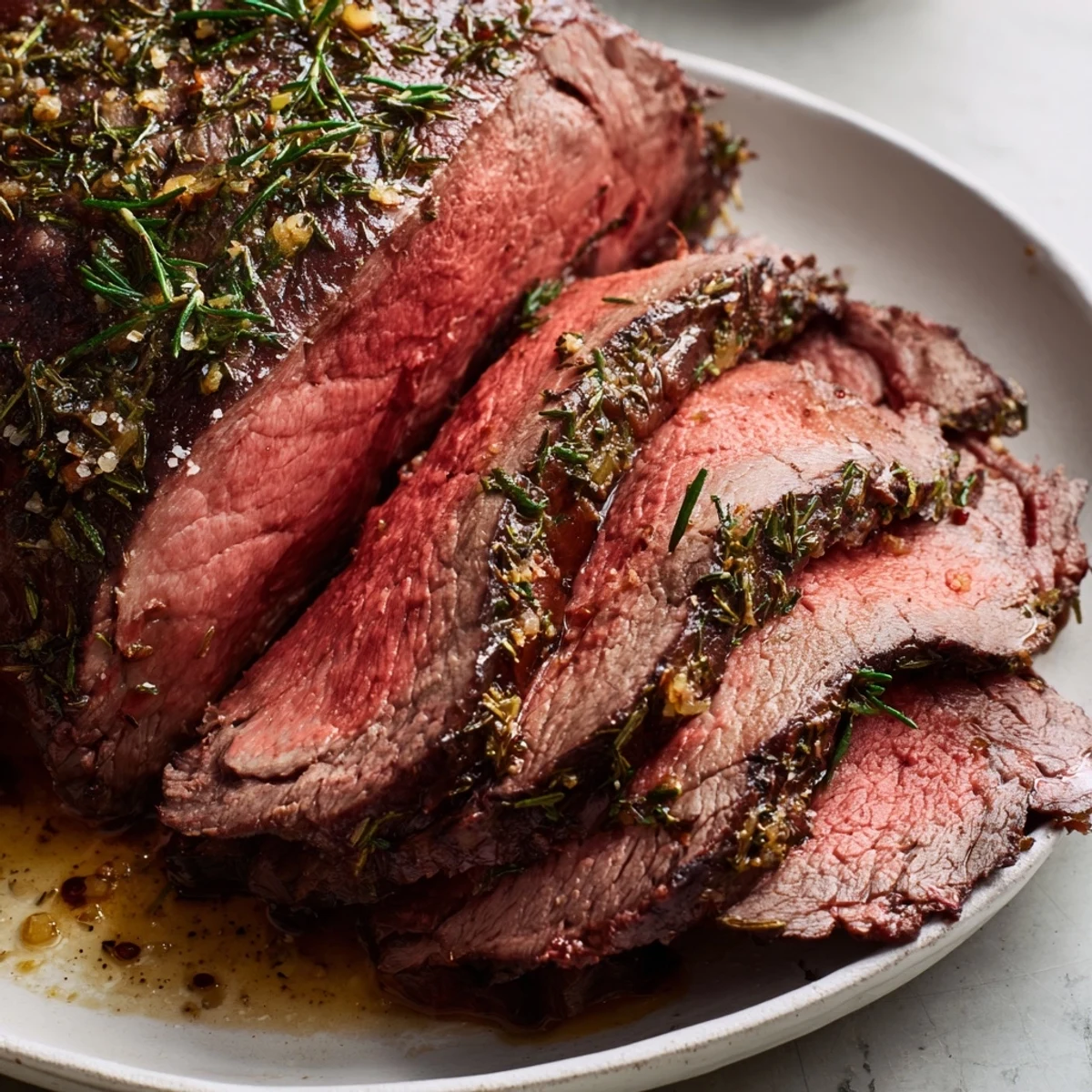 Herb crusted roast beef, beautifully browned and glistening, ready to slice for a delicious dinner.
