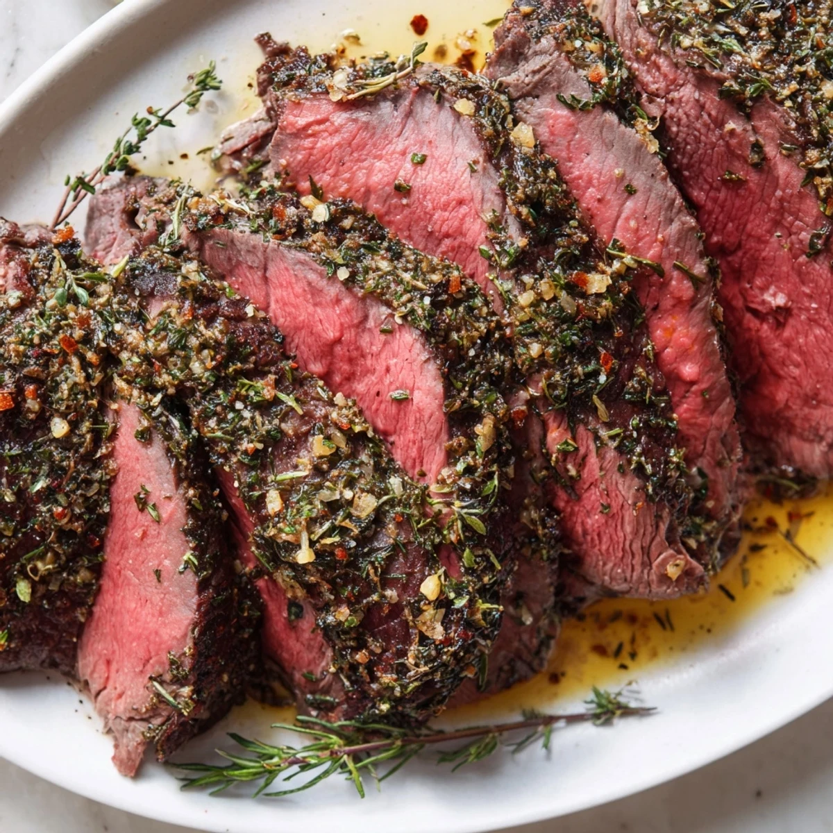 A close-up shot of herb crusted roast beef, showing a crispy herb crust and juicy interior, perfect for serving.