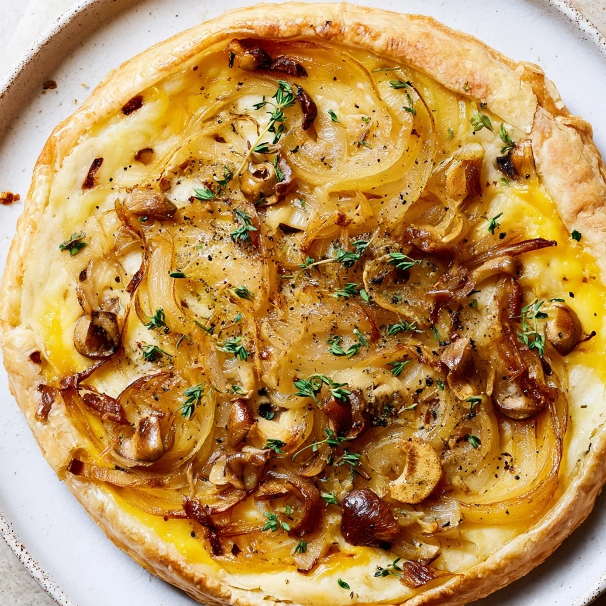 Golden brown Mushroom and Onion Tart, baked in a flaky crust, with caramelized onions visible.