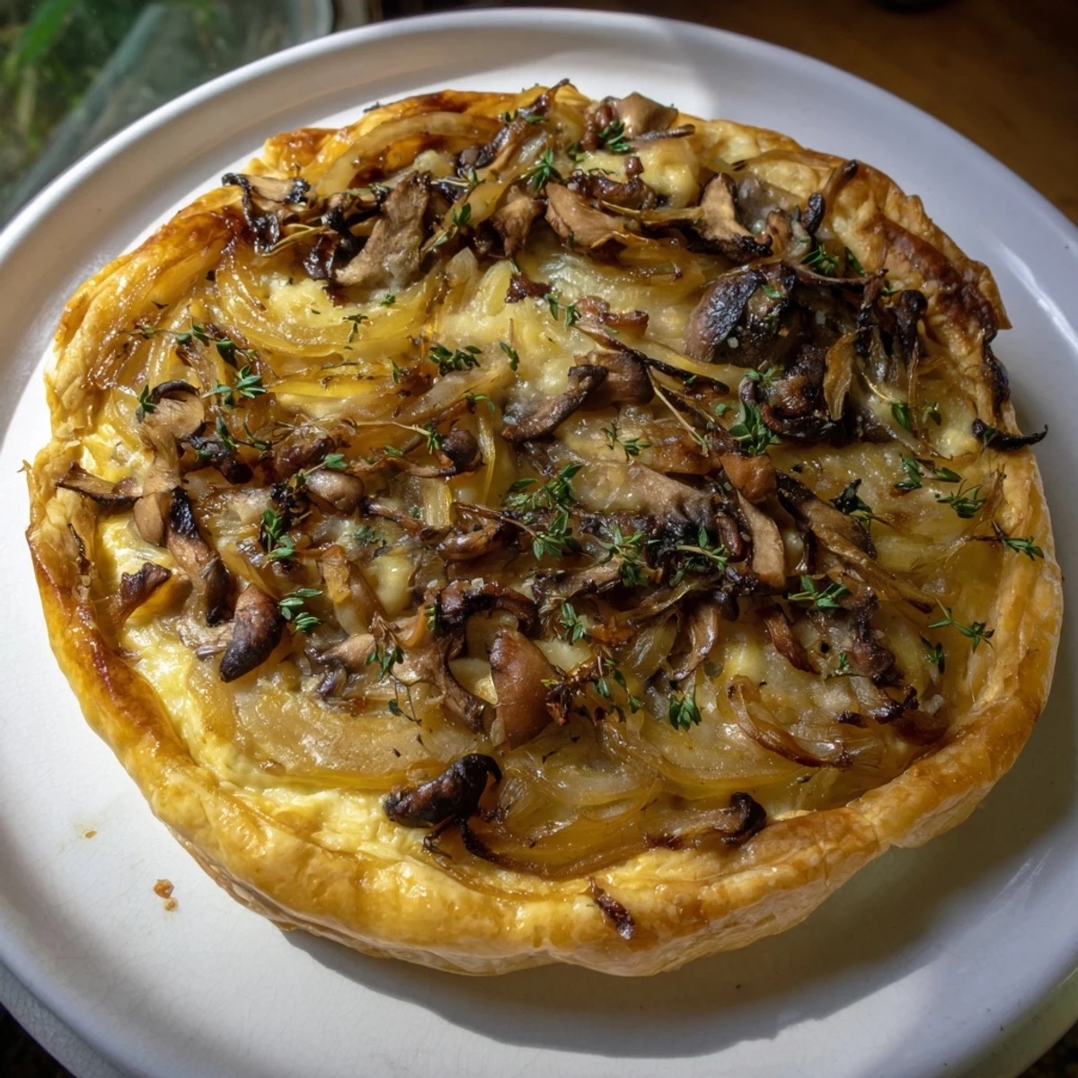 Flaky pastry holding the rich filling of a Mushroom and Onion Tart, topped with melted cheese.