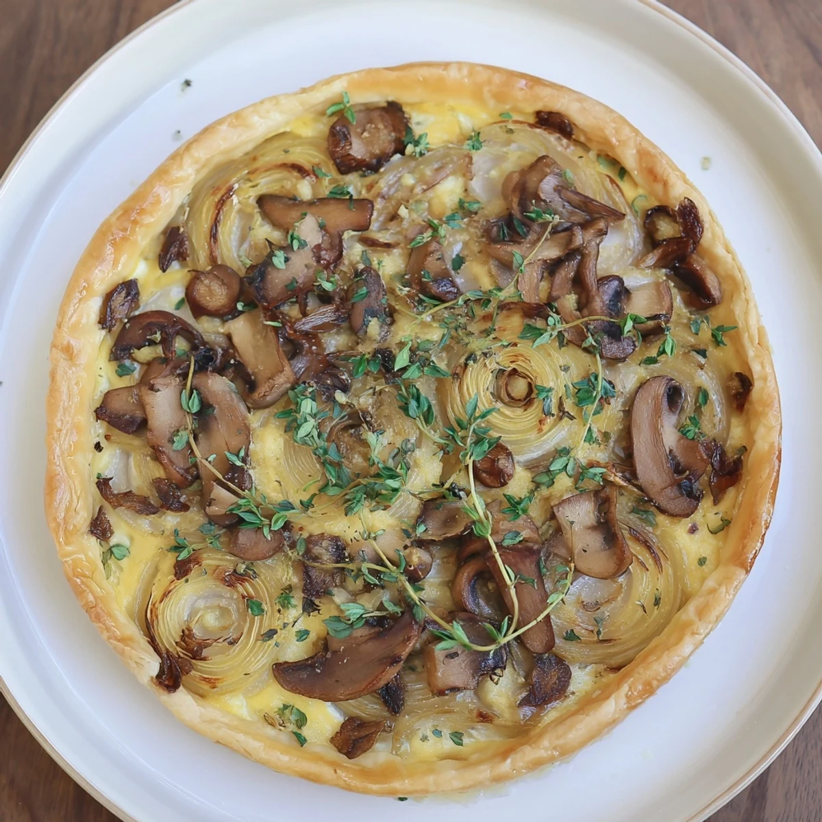 A close-up shot of a savory Mushroom and Onion Tart, ready to slice and serve warm.