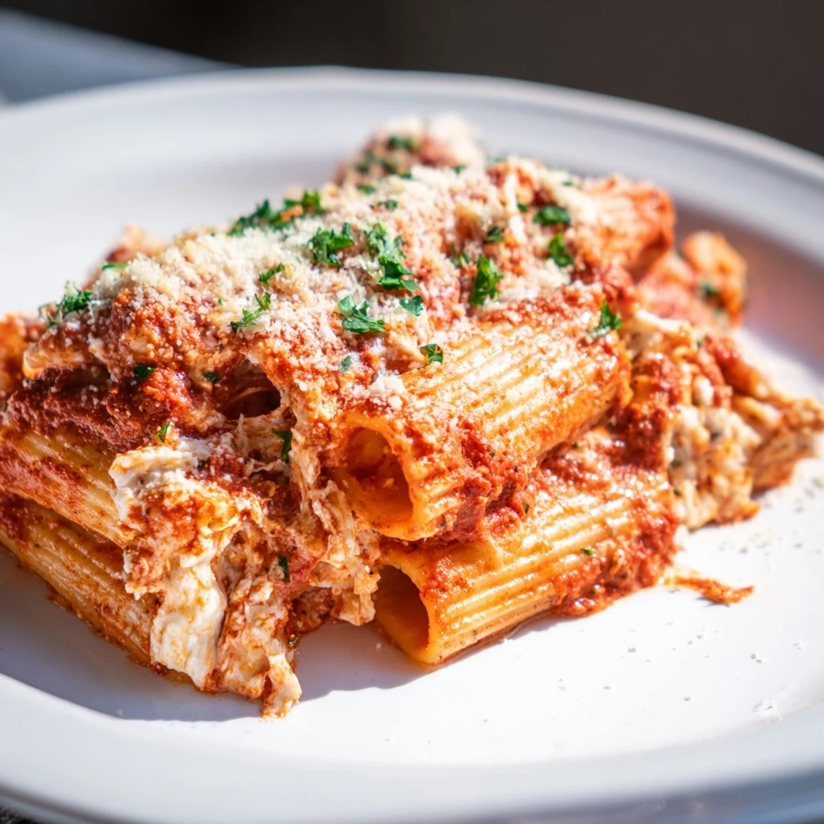 A close-up of baked ziti with mozzarella, showcasing the creamy ricotta and bubbling cheese topping.