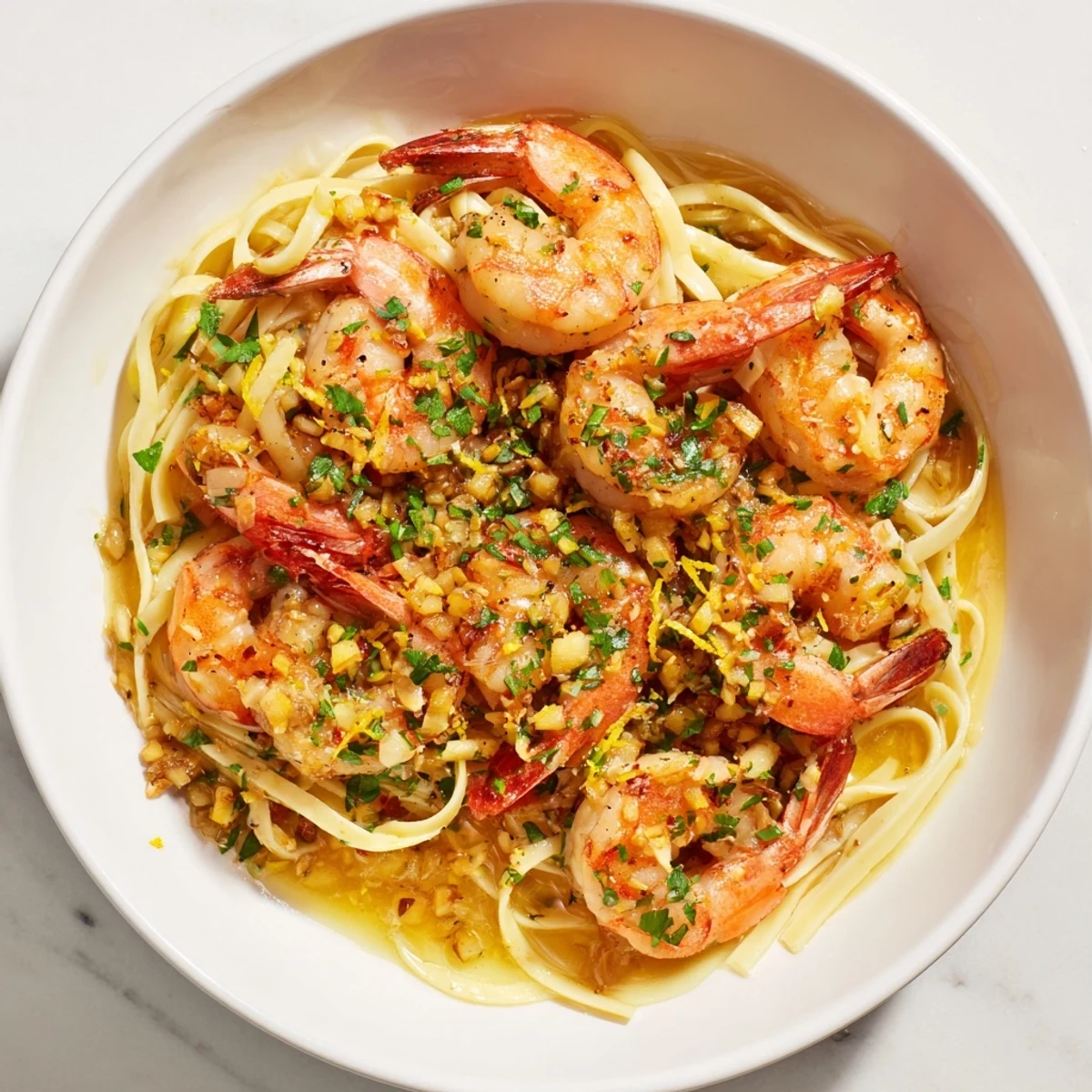 Golden lemon garlic shrimp scampi, a vibrant plate of luscious pasta and plump shrimp.
