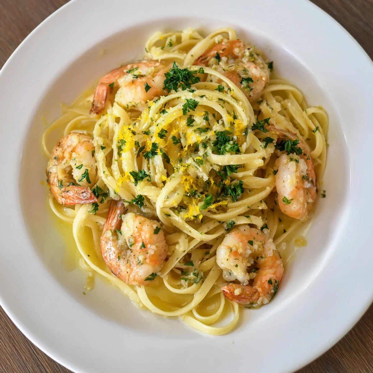 Fresh parsley garnishes the perfectly cooked Lemon Garlic Shrimp Scampi, ready to enjoy with a glass of wine.