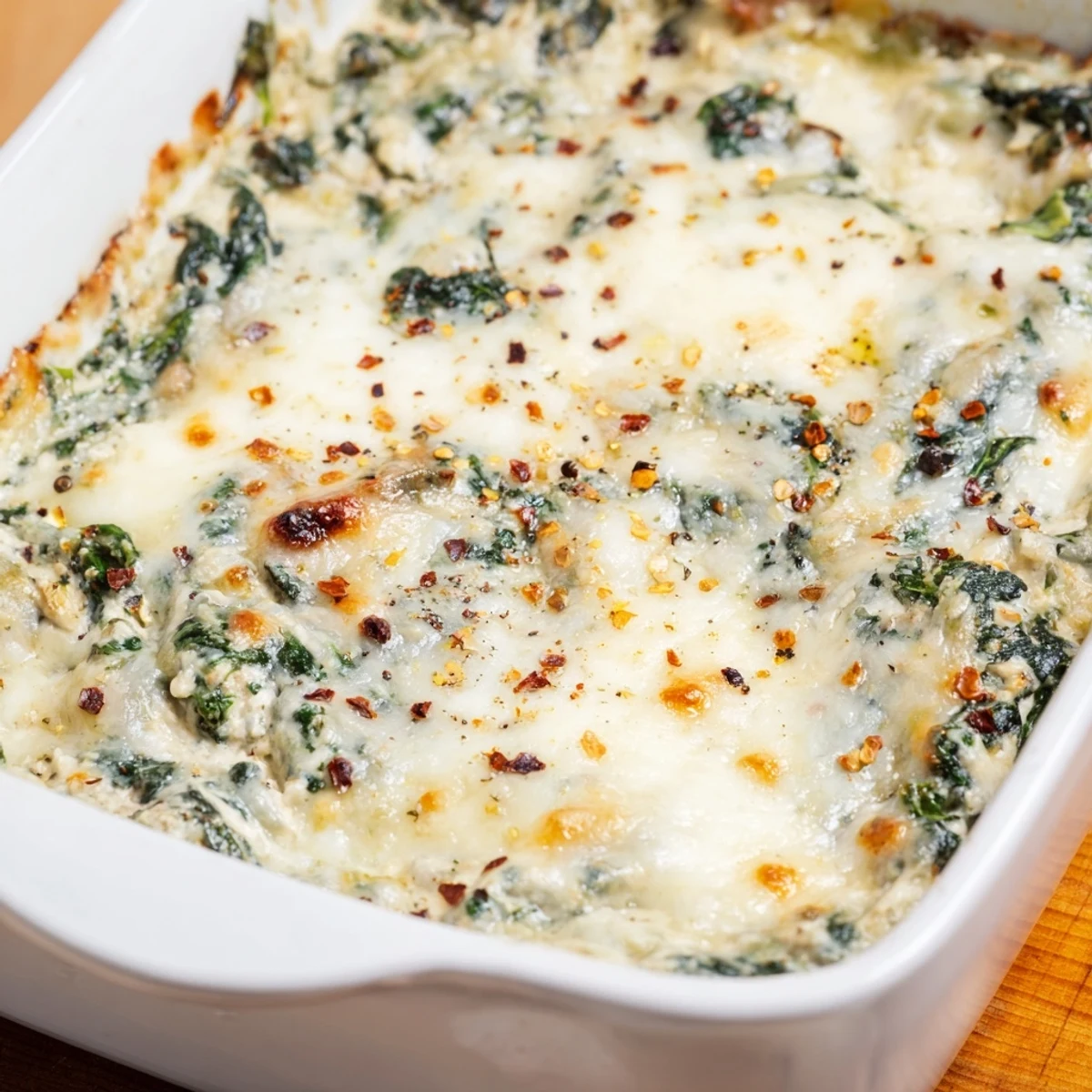 Warm spinach dip, bubbly and golden, ready to be scooped up with crackers.