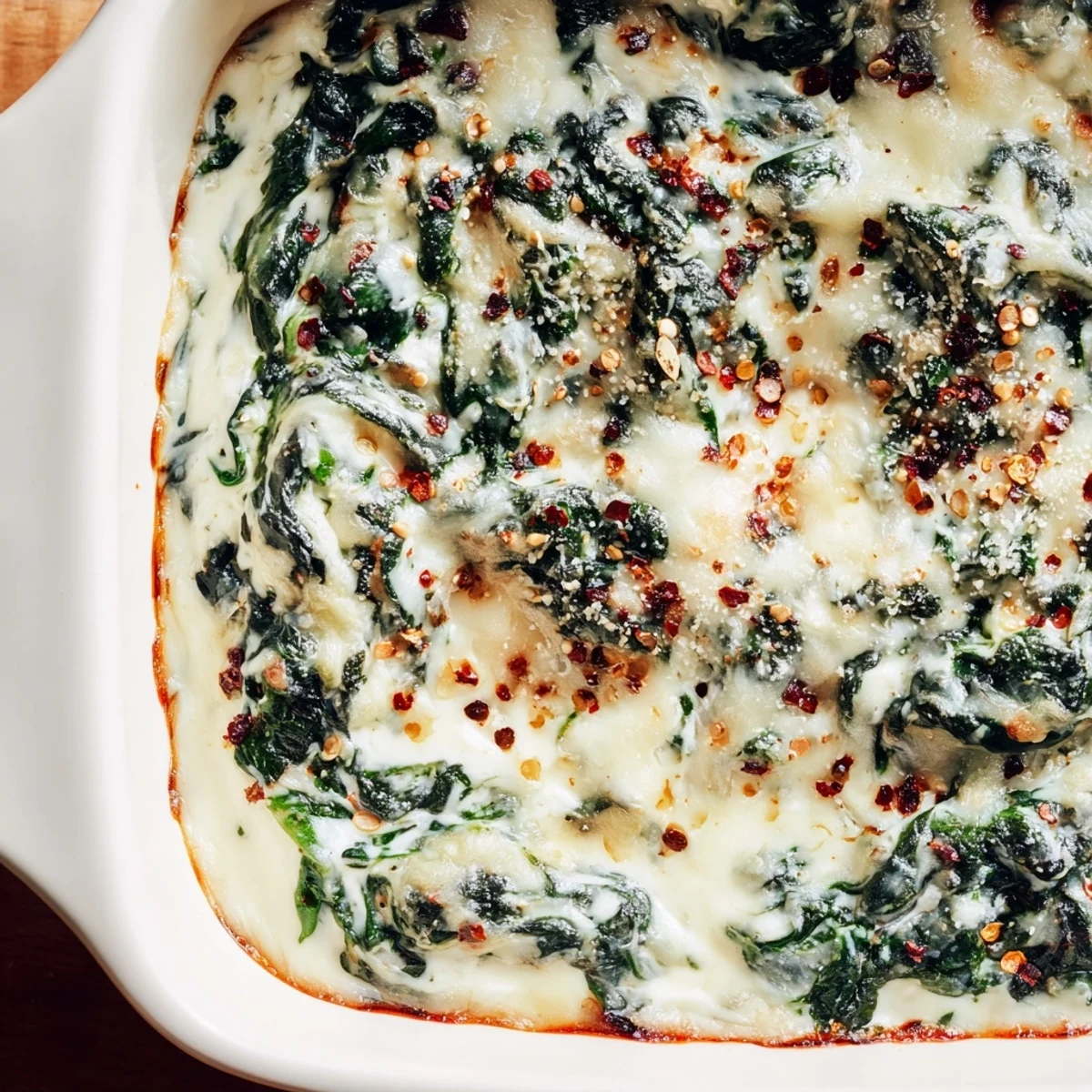 A close-up of warm spinach dip: creamy, cheesy, and perfect for a party appetizer.