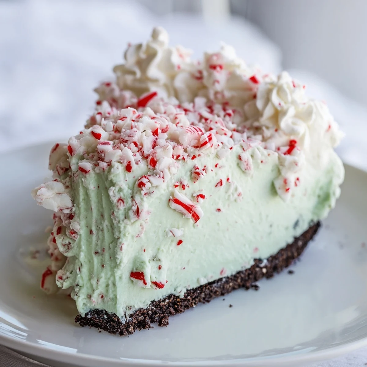 Close-up of a festive Peppermint Cheesecake, rich and creamy, ready to be enjoyed as dessert.