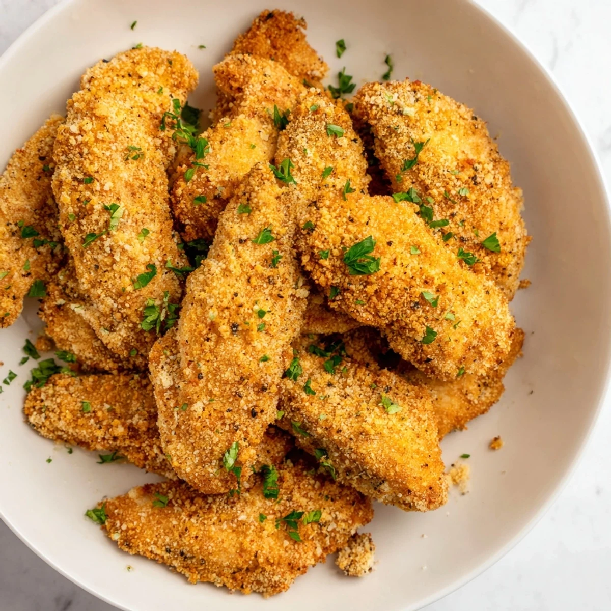 Golden-brown Baked Chicken Tenders, crispy and delicious, perfect for a family dinner.