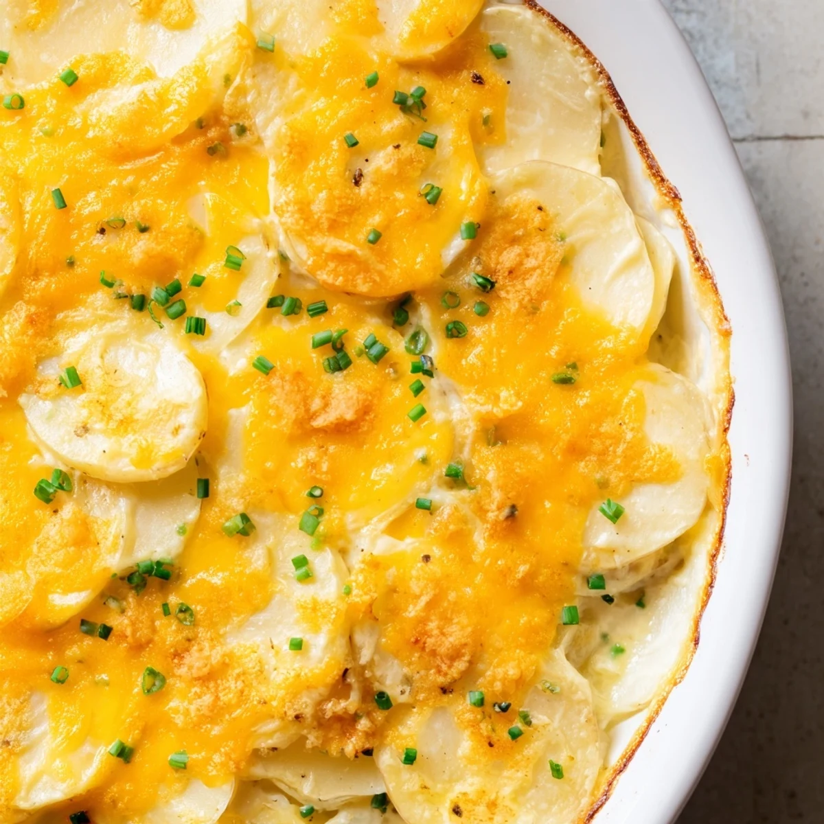Golden-brown Potato Casserole, bubbly and cheesy, offers layers of creamy potatoes and savory sauce.