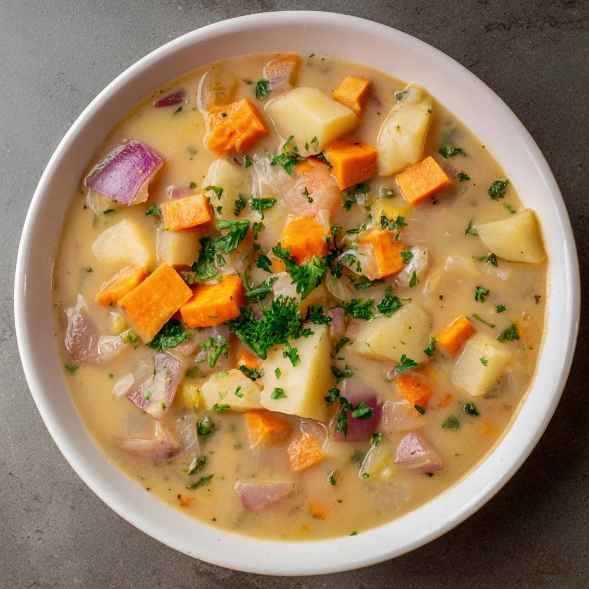 Steaming bowl of Root Veggie Soup, perfectly garnished with parsley, ready for a comforting meal.