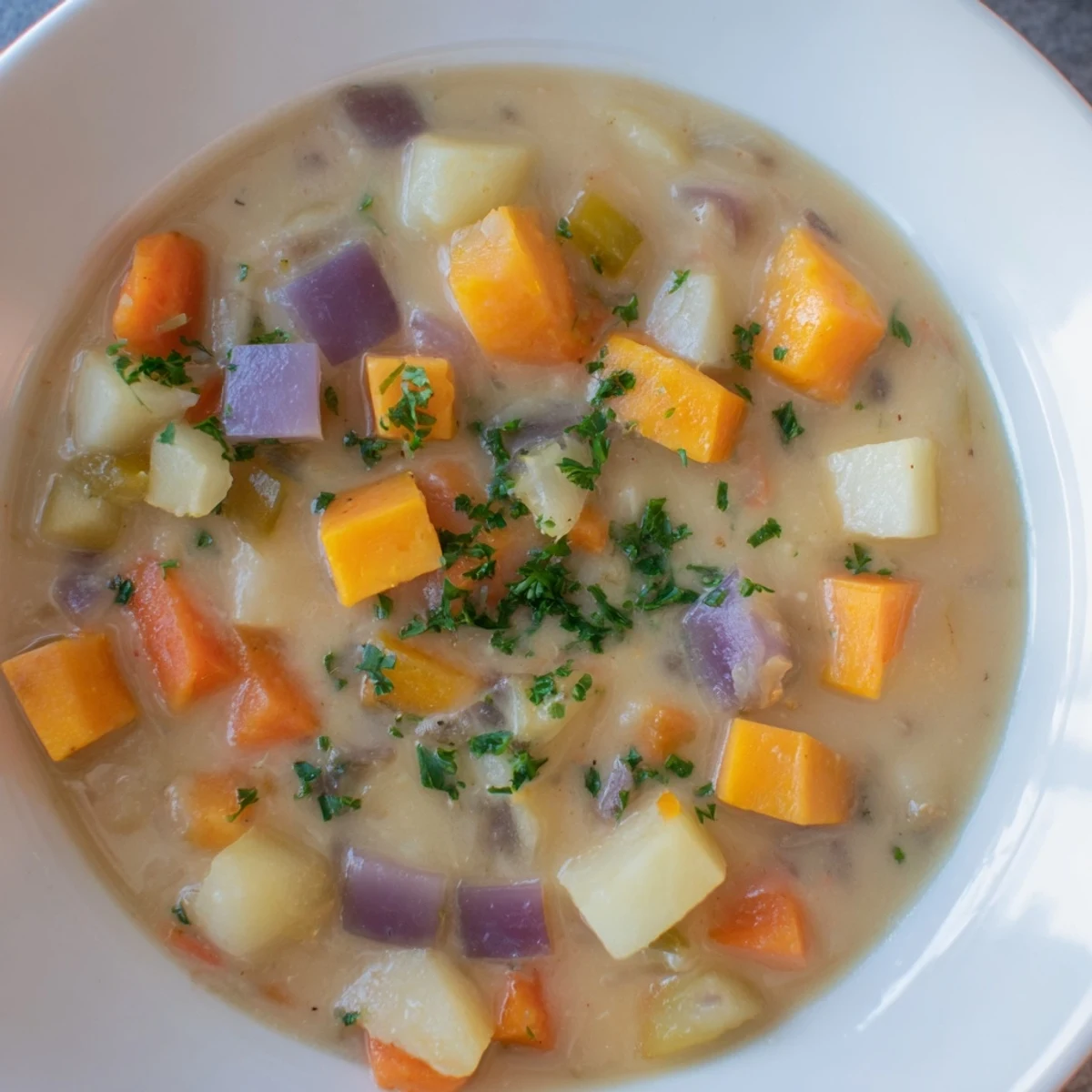 Close-up of a rustic bowl filled with hearty Root Veggie Soup, ideal on a chilly evening.