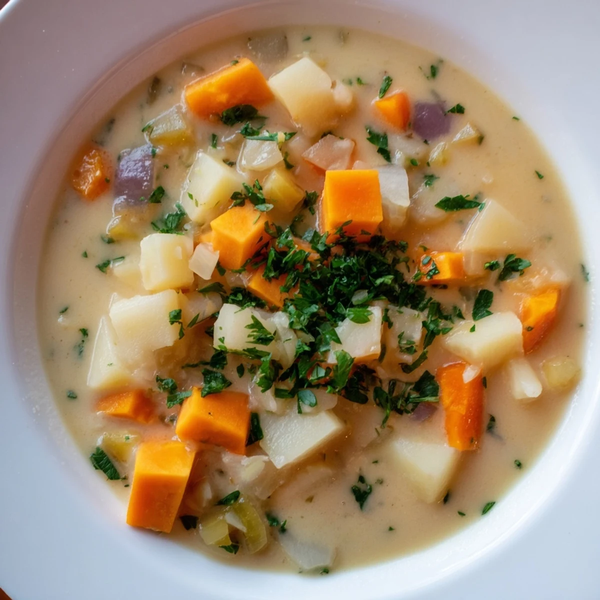 This warm, delicious Root Veggie Soup features a medley of tender, flavorful root vegetables.