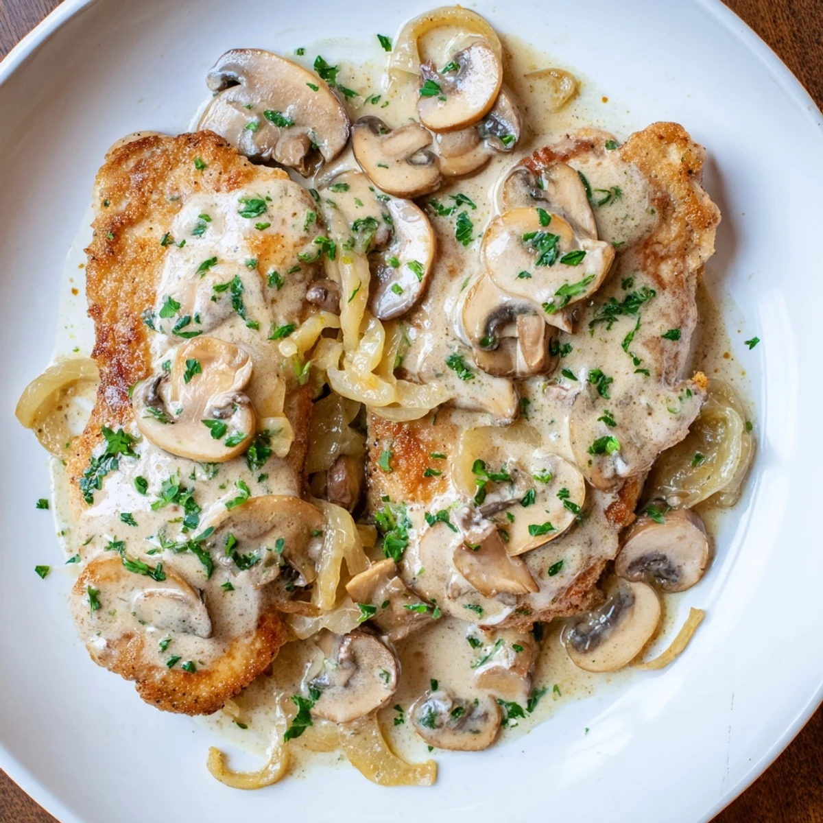 Golden seared Mushroom Chicken breasts are bathed in a creamy mushroom sauce, ready to serve.