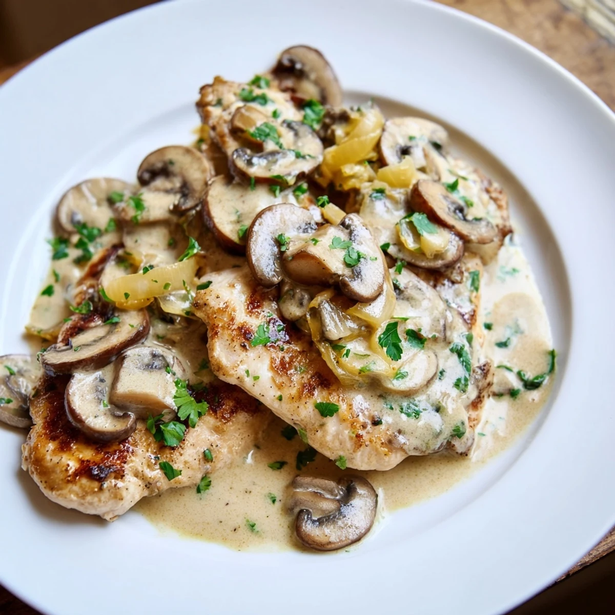 Tender pieces of Mushroom Chicken sit in a rich sauce, perfectly seasoned for a tasty dinner.