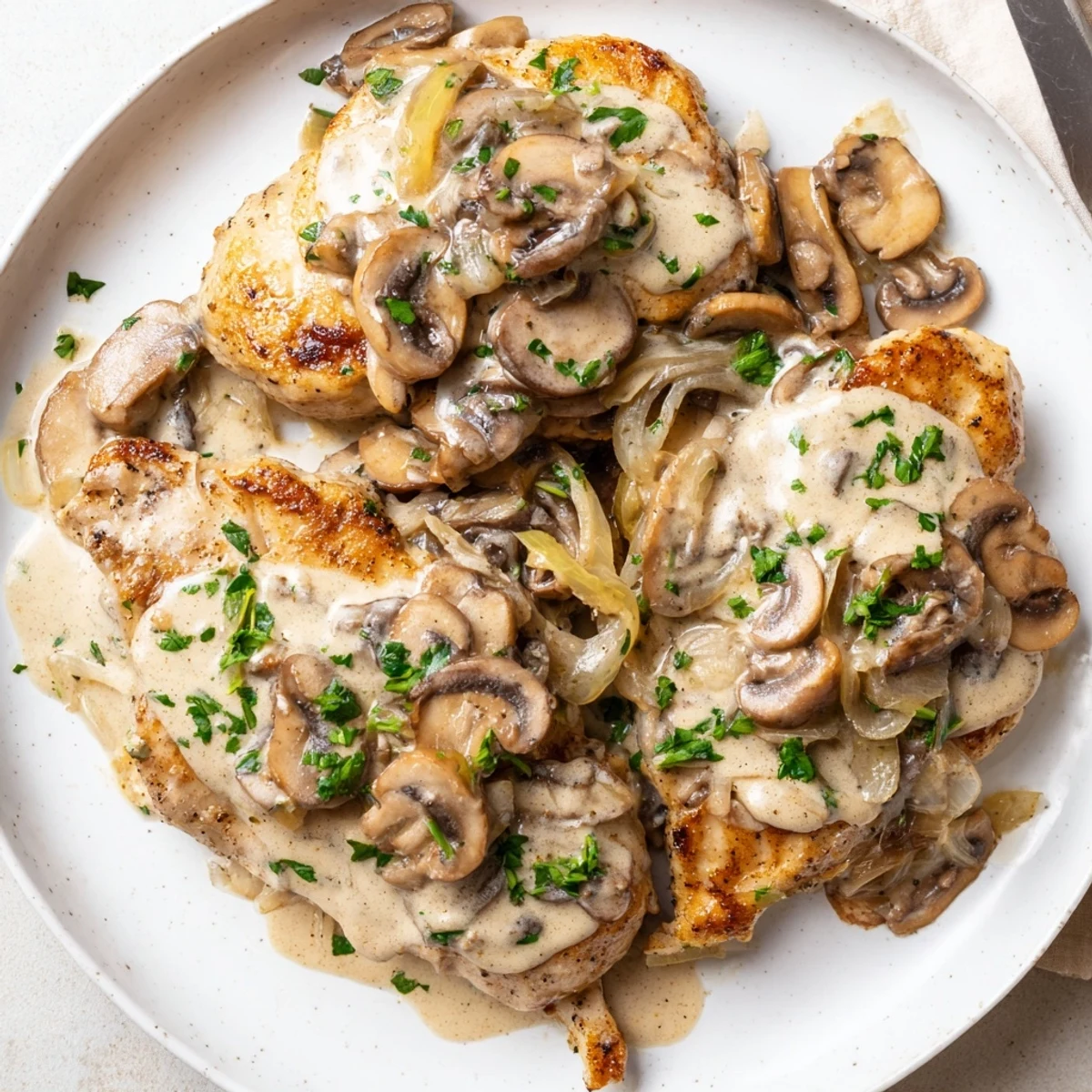 Savory Mushroom Chicken in a skillet with mushrooms, making a delicious and easy weeknight meal.
