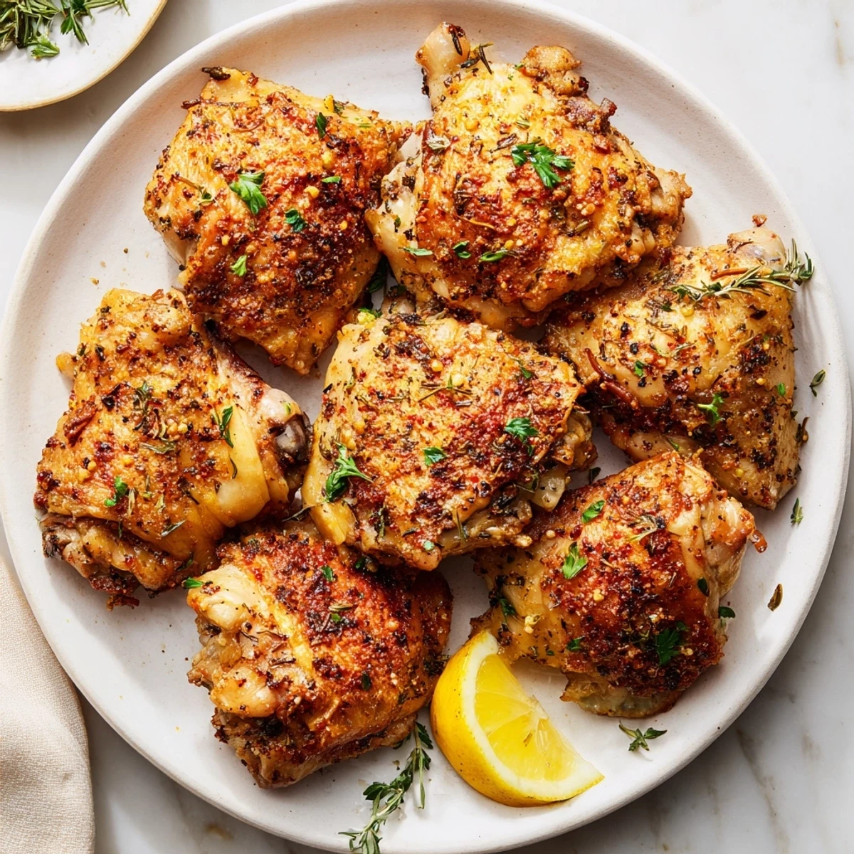 Golden-brown Baked Chicken, showcasing crispy skin and flavorful herbs, ready to be served hot.