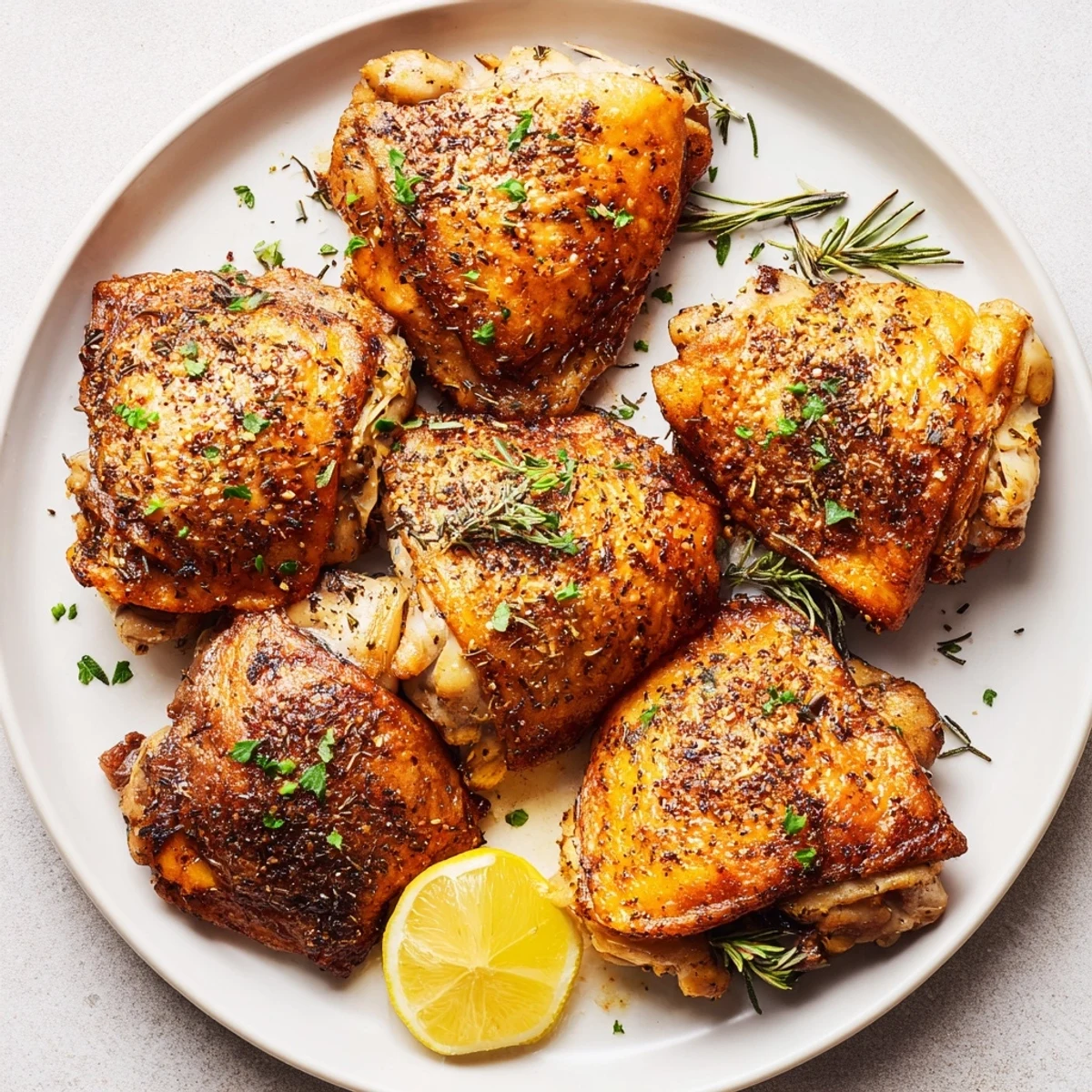Flavorful Baked Chicken thighs with a beautiful glaze, served alongside fresh parsley and bright lemon wedges.