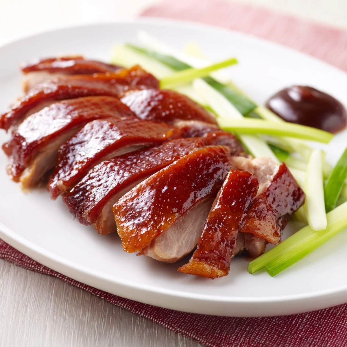 Golden-brown, crispy duck, a Chinese delicacy, ready to be carved and enjoyed.
