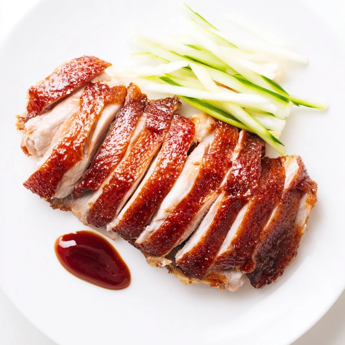Savor the aroma of roasted crispy duck, a flavorful Main Dish served with fresh garnishes.