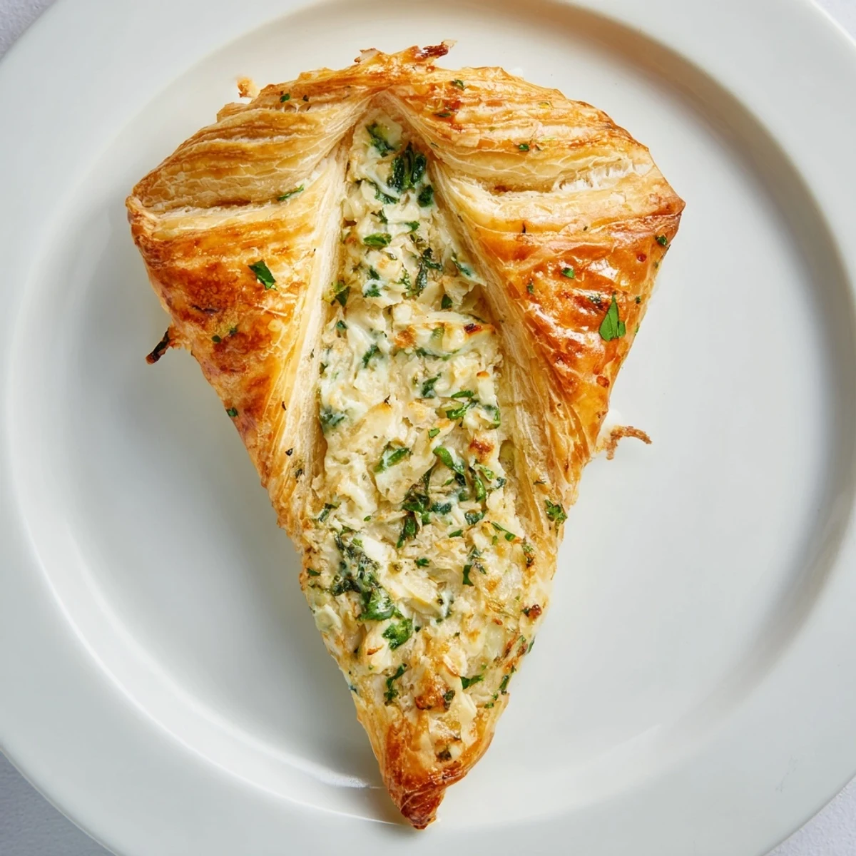Golden Savory Pastry, baked until flaky, filled with creamy cheese and fresh spinach, ready to eat.