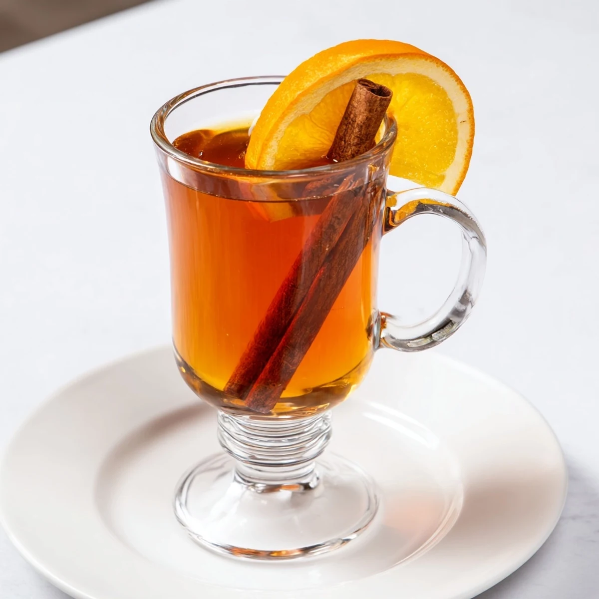 Garnished Spiced Drink with orange slices, a comforting winter warmer ready to serve.