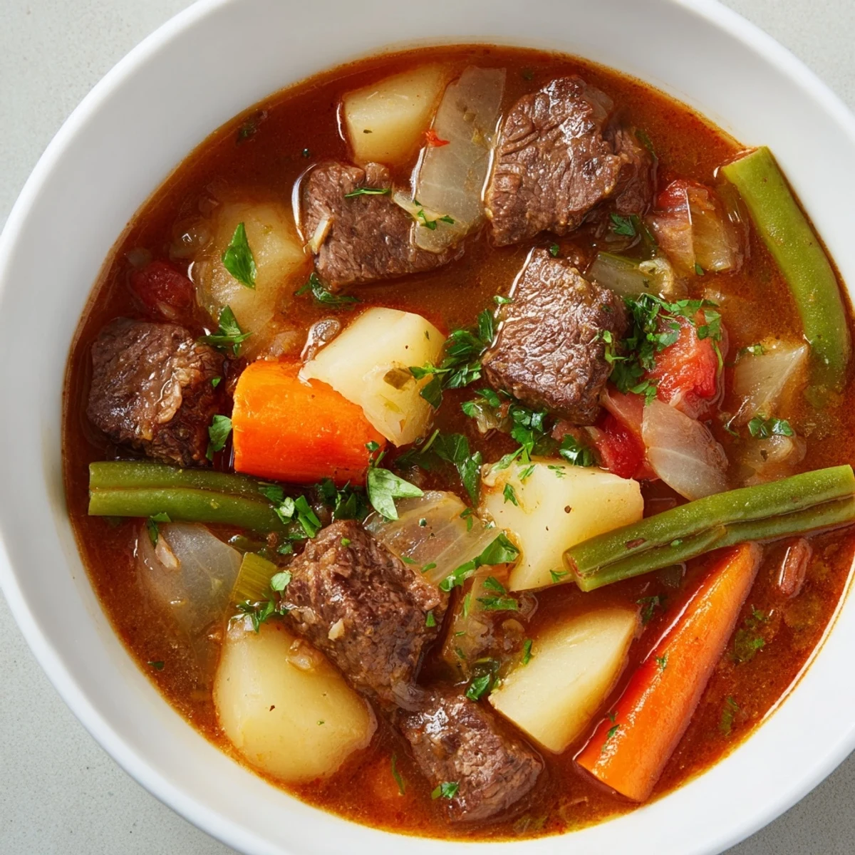 Steaming bowl of beef soup with tender meat and vegetables, ready to serve with parsley garnish.