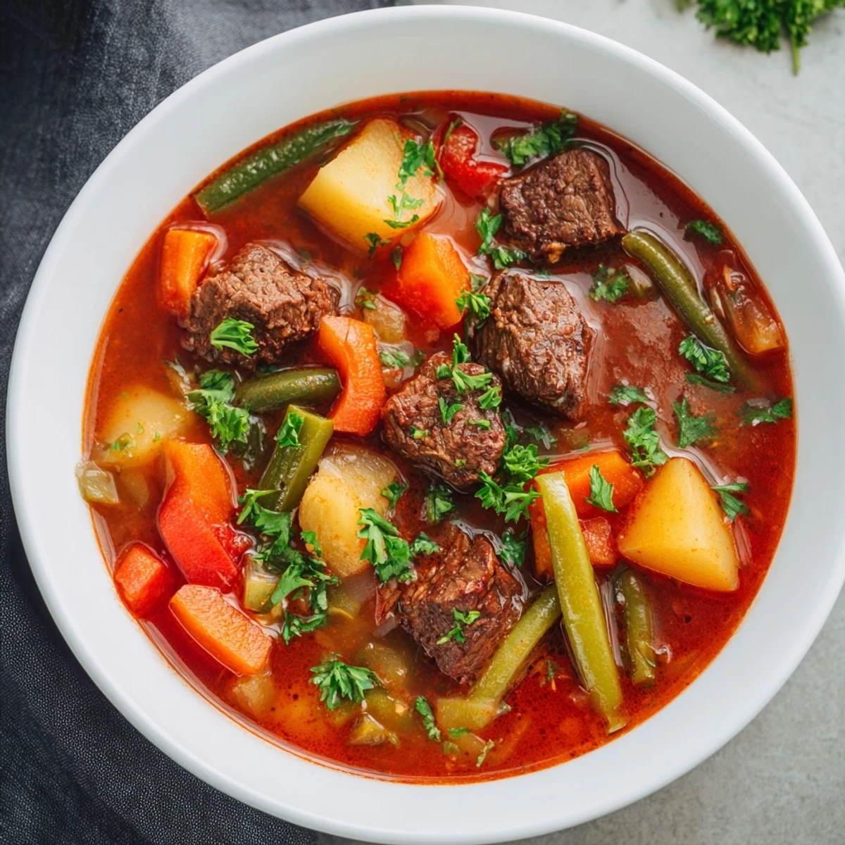 Hearty beef soup simmering in a pot, described by its rich broth and chunks of meat and carrots.