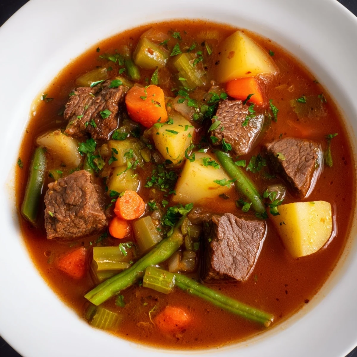 Close up view of the flavorful beef soup, featuring carrots and potatoes in a savory broth.