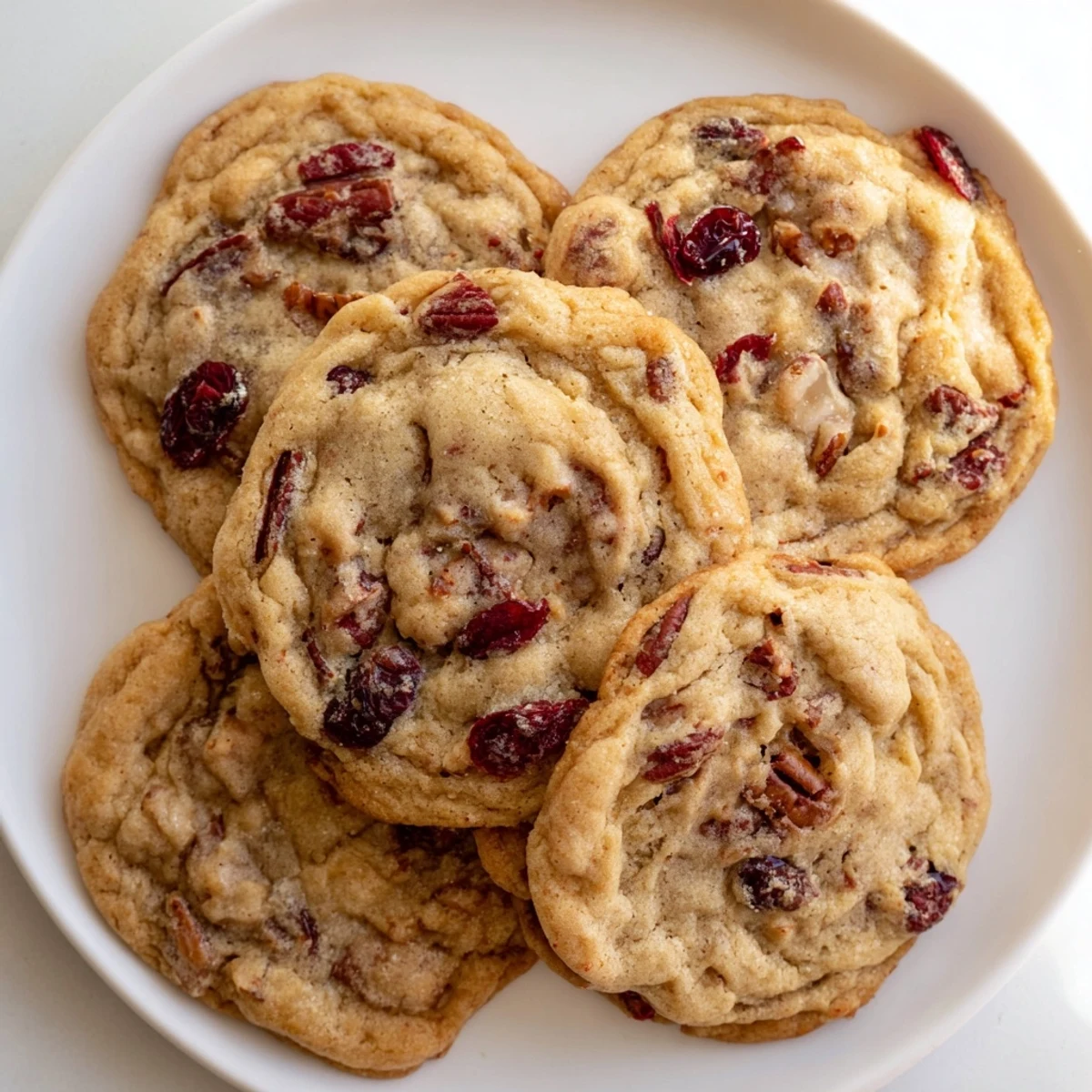A stack of golden brown cranberry cookies, bursting with ruby-red cranberries, ready to be enjoyed.