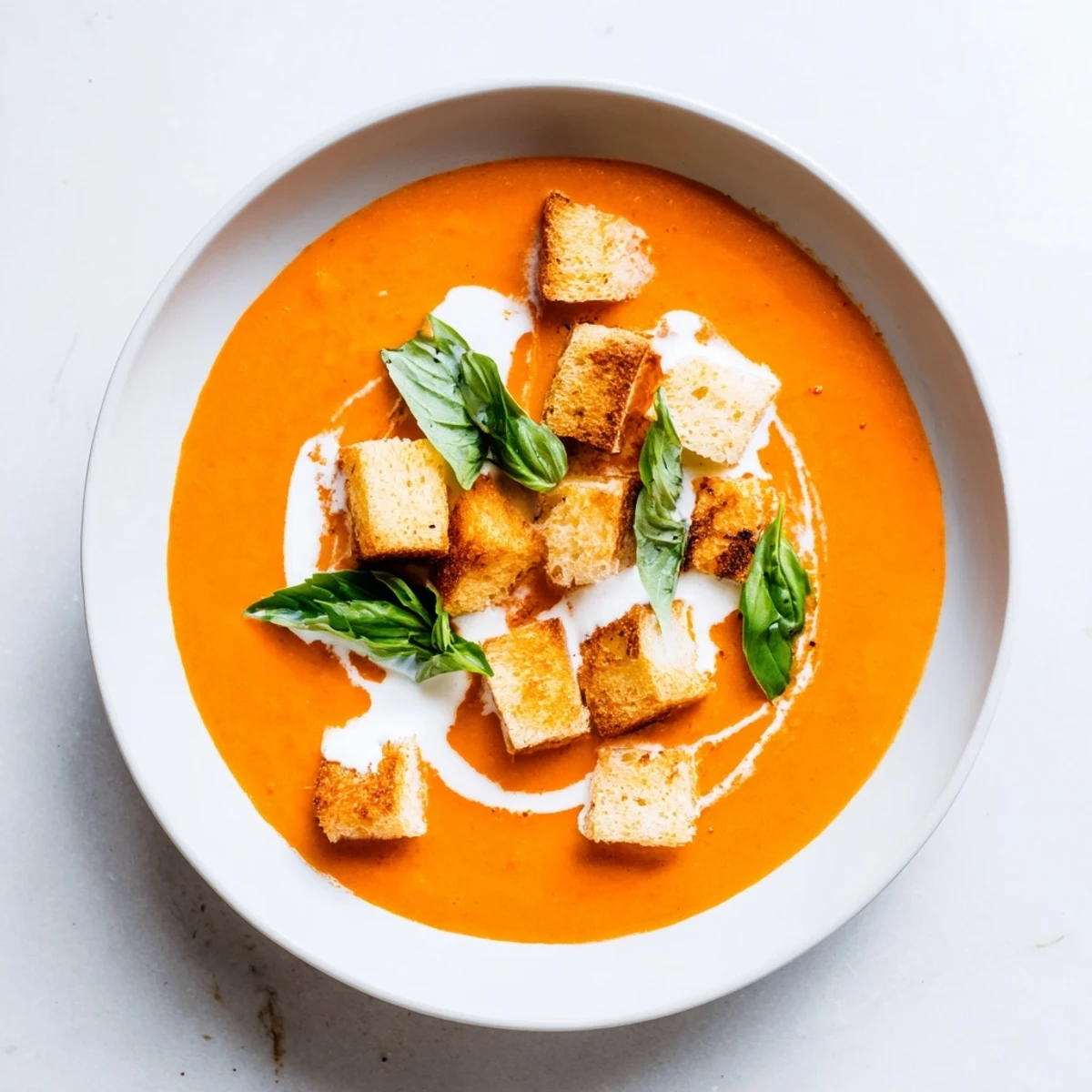 Creamy Tomato and Basil Soup with croutons, swirled with cream, is a comforting, flavorful meal.