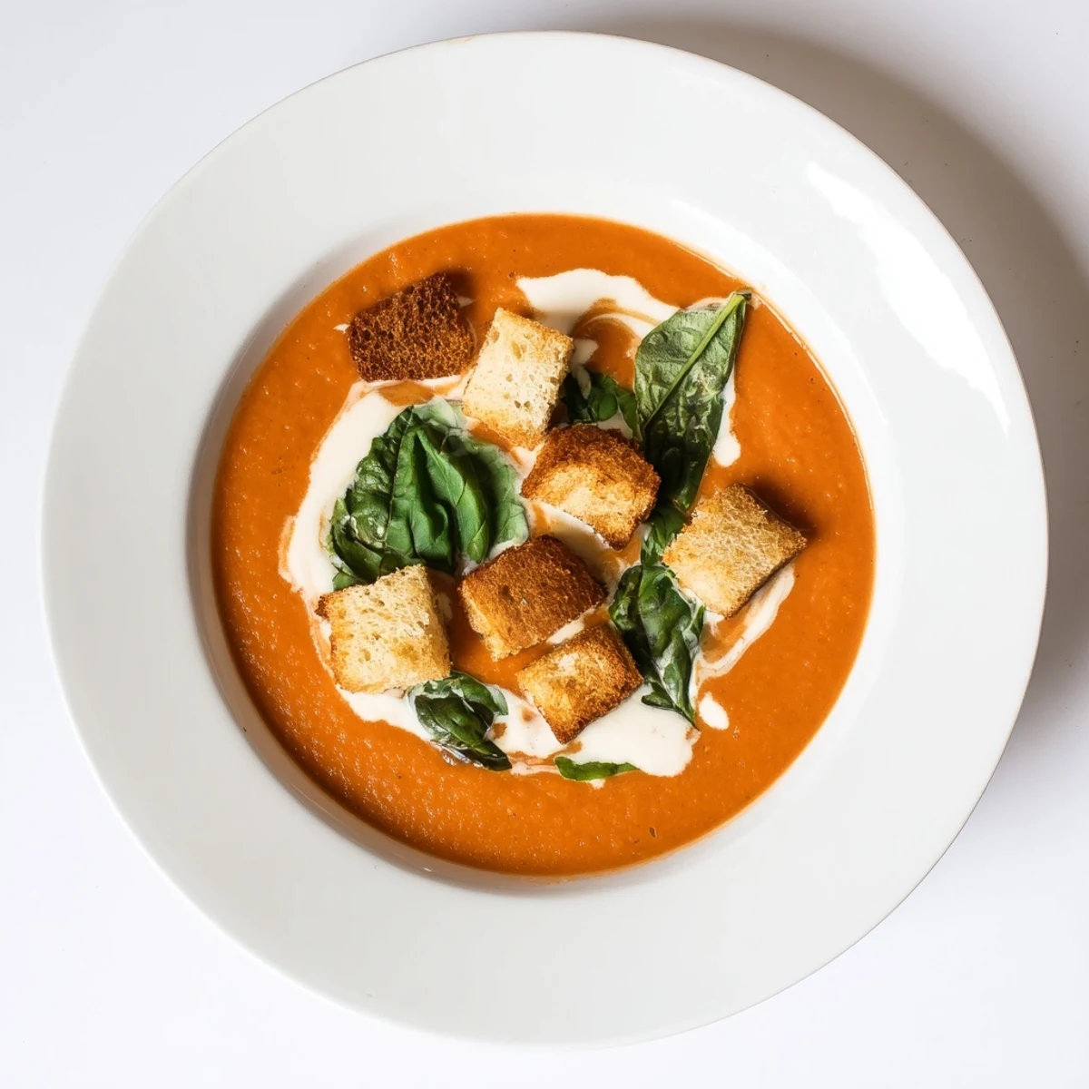 A steaming bowl of Creamy Tomato and Basil Soup filled with crusty golden croutons invites you in.