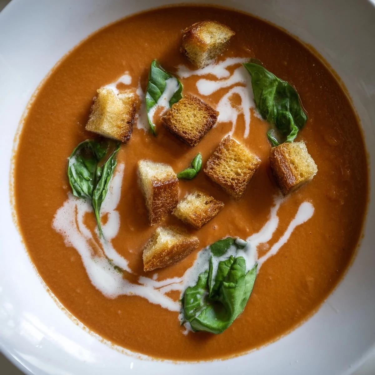 Rich, homemade Creamy Tomato and Basil Soup, garnished with vibrant basil and crunchy croutons looks delicious.