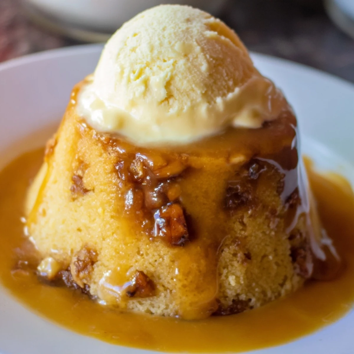 Warm sticky toffee pudding, a decadent British dessert, with rich toffee sauce cascading down.