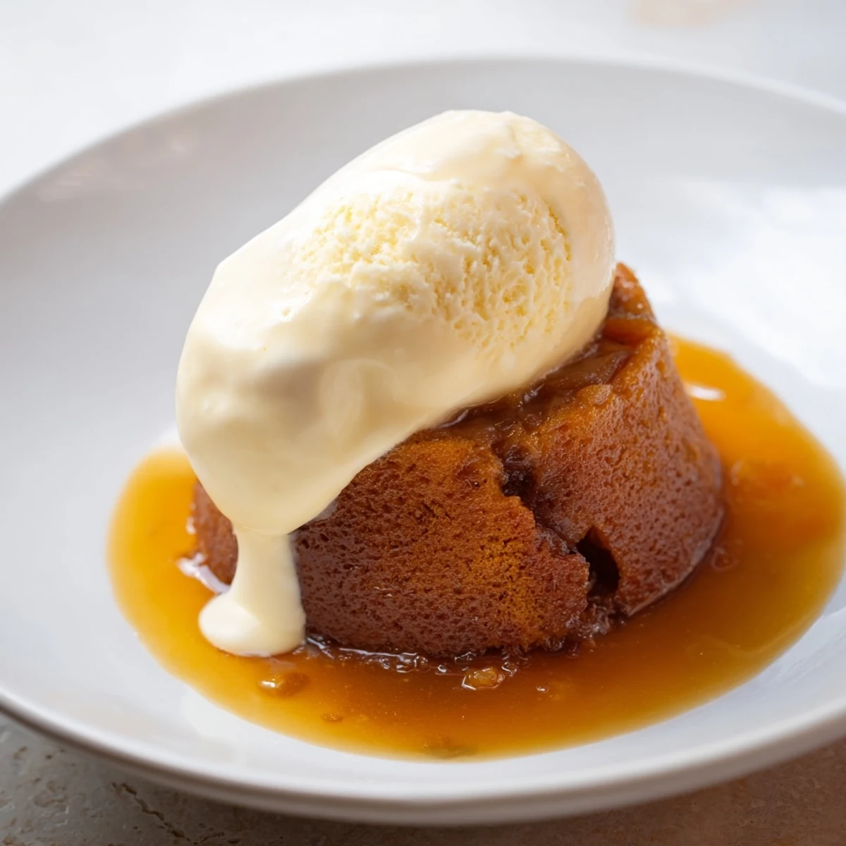 A close-up of warm sticky toffee pudding, promising a delightful treat, perfect for dessert lovers.