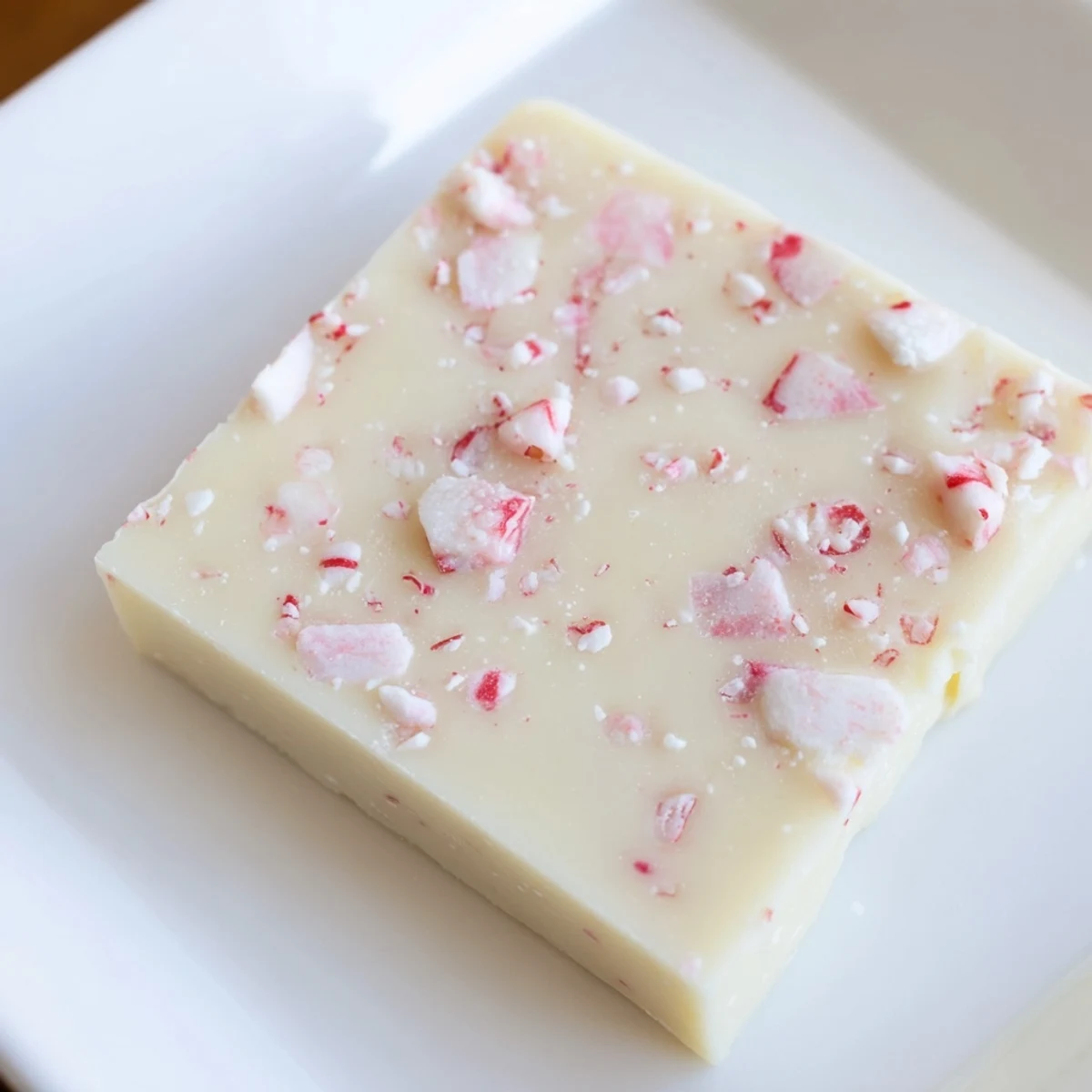 A close-up of decadent Peppermint and White Chocolate Fudge, showcasing the smooth, melting texture.