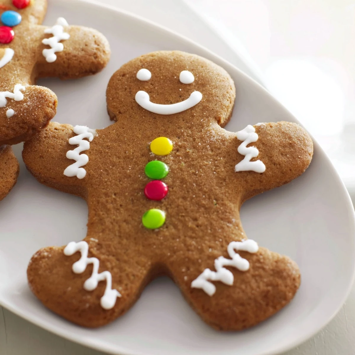 Golden-brown gingerbread man cookies, iced with intricate designs, ready for your enjoyment on a plate.