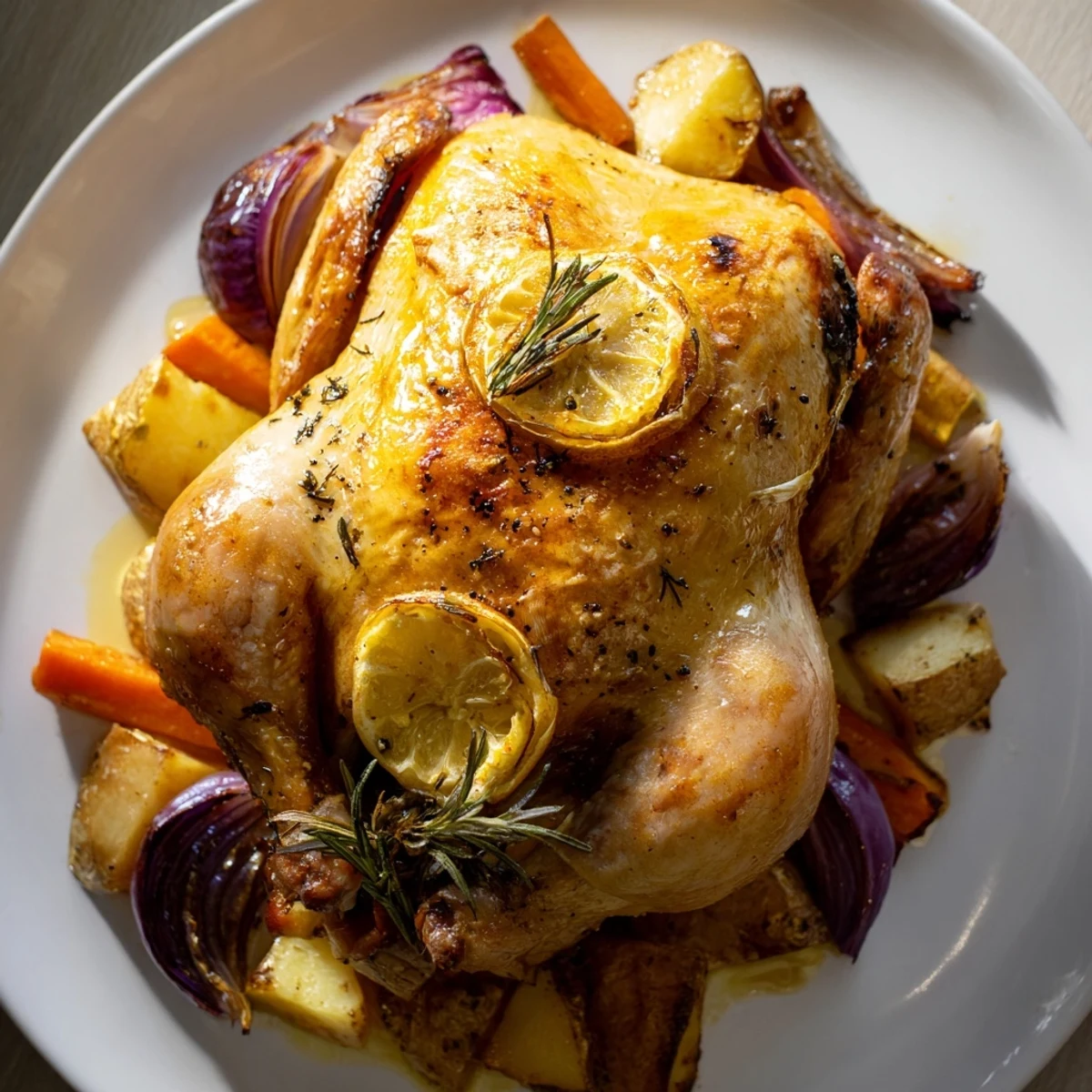 Golden, crispy skinned roasted chicken with root vegetables, a savory and comforting family meal.