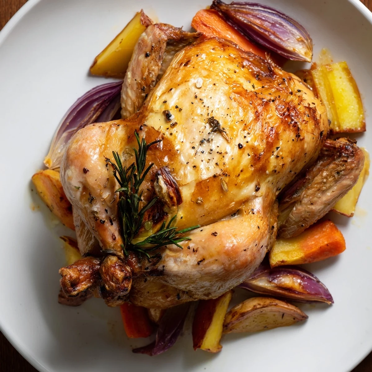 Juicy roasted chicken surrounded by tender, caramelized root vegetables, ready for a delicious dinner.