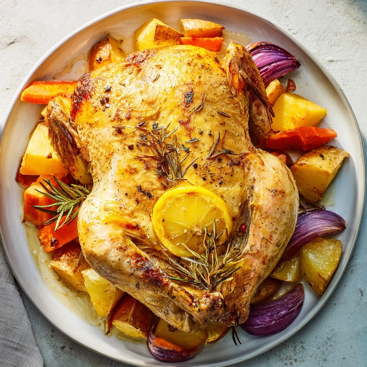 A complete roasted chicken with carrots, potatoes, and parsnips, a classic American comfort food recipe.