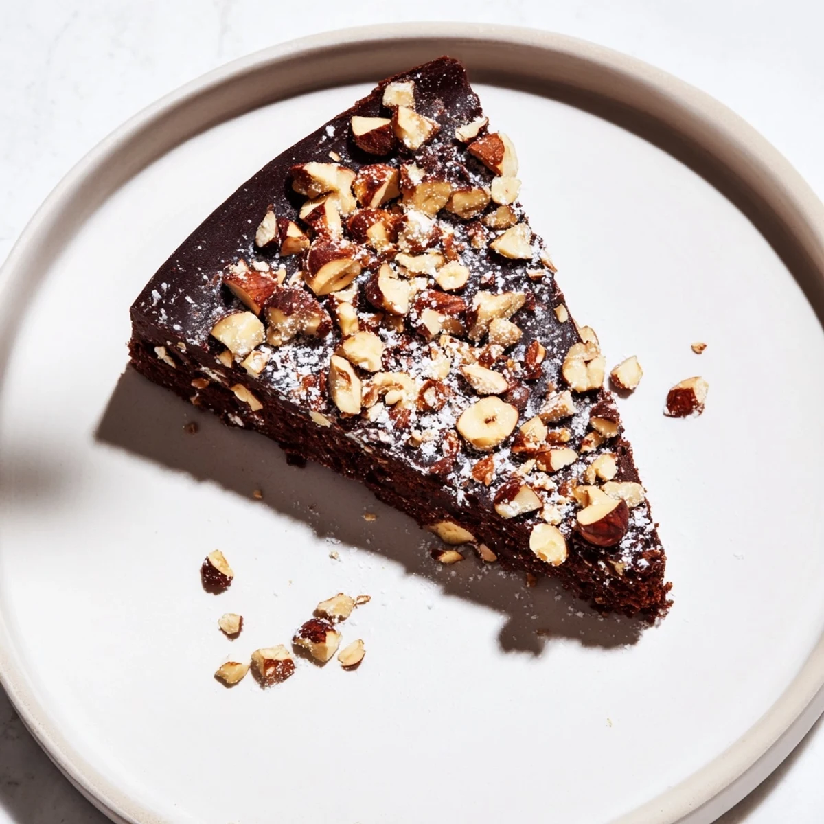 A slice of decadent Chocolate and Hazelnut Torte, garnished with toasted hazelnuts and powdered sugar.